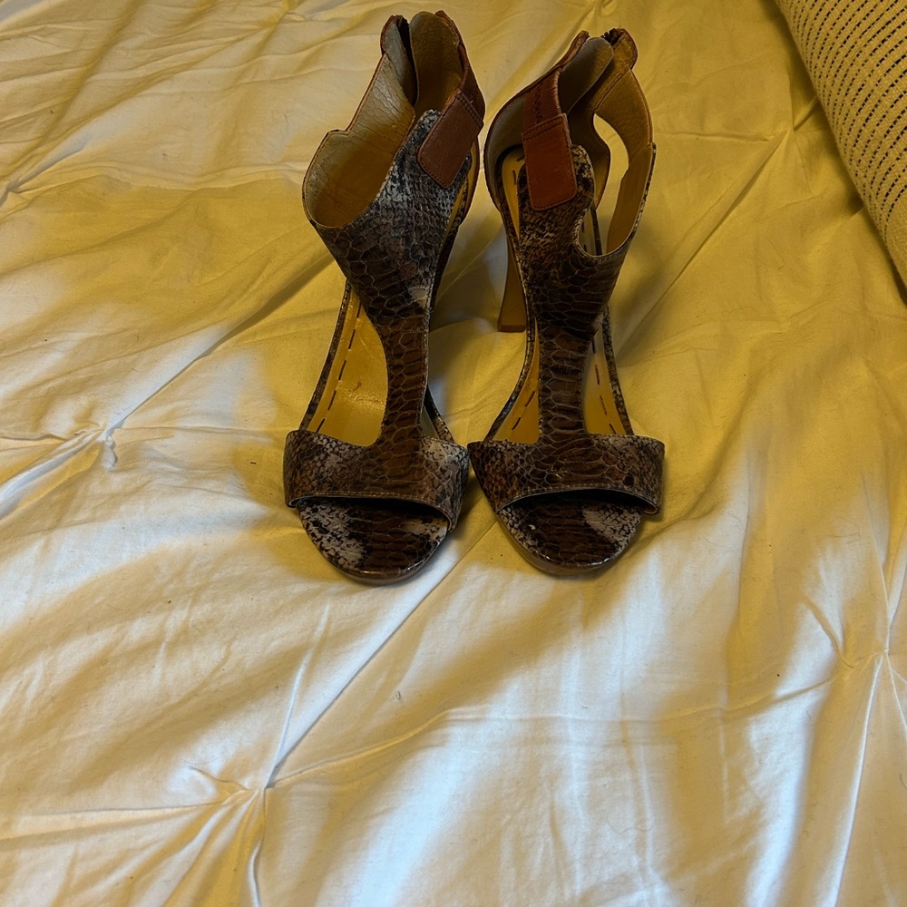 Nine West size 7 1/2, leather, snakeskin print and brown, 3 3/4 inch heels.
